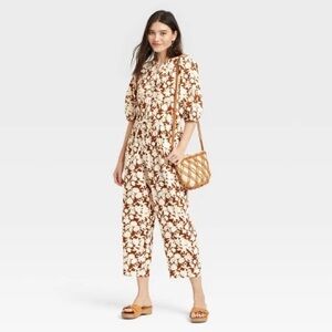 Universal Thread Puff 3/4 Sleeve Jumpsuit Cotton Brown Floral XS